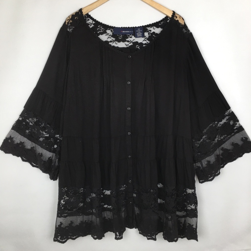 Denim 24/7 Black Lace Detail Tunic Top Women’s Size 3X 26W Fairy Goth Whimsigoth